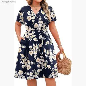 Plus Size V-Neck Knee-Length Casual Dress with Pockets Floral Summer